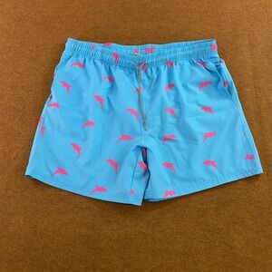 Biwisy Mens 2X-Large Blue Pink Fish Print Lined Drawstring Swim Trunk Shorts